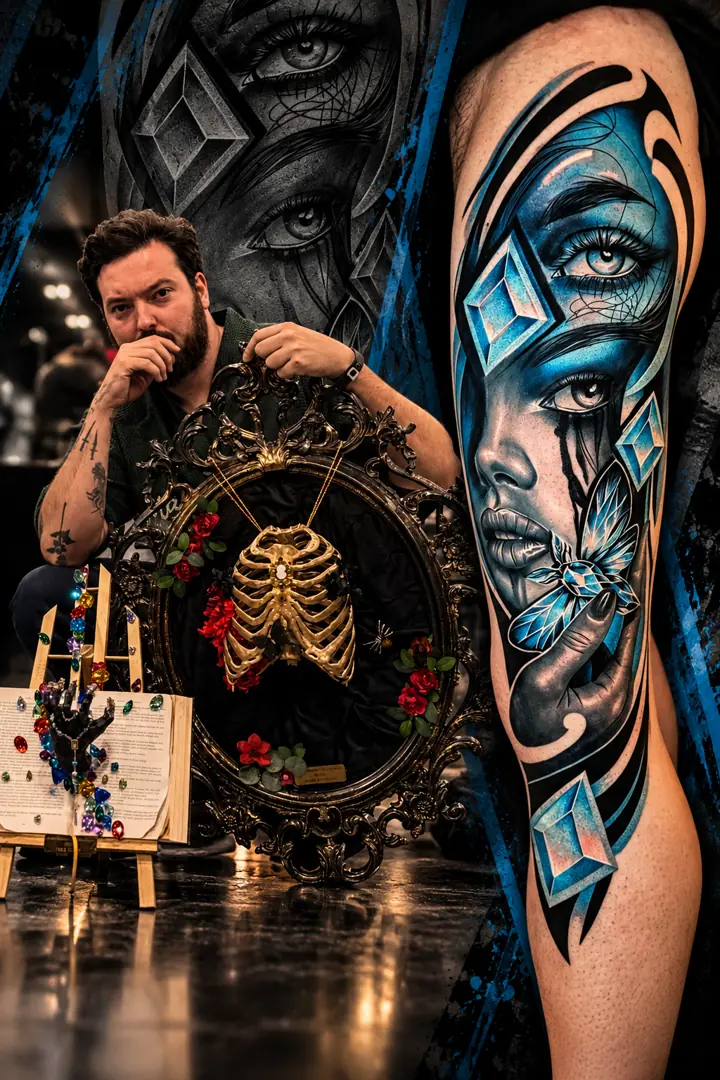 Samourai com o troféu e a tatuagem premiada — perna inteira em realismo a cores